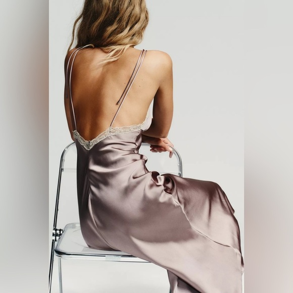 Zara Elegant Satin Slip Dress Lace Lingerie Liliac Maxi Evening Party XS - Picture 6 of 13